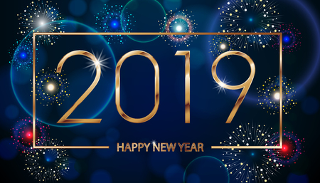 Vector Holiday Fireworks Background. Happy New Year 2019. Seasons greetings, colorful fireworks text design. Vector illustration EPS 10のイラスト素材