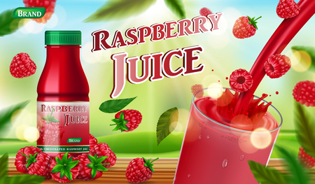 Raspberry juice bottle with splash on wooden table. fruit juice container package ad. 3d realistic summer ripe raspberry Vector illustration for your design EPS 10のイラスト素材