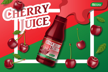 Cherry fresh juice advertising. Juice container package ad isolated. 3d realistic ripe cherry Vector illustration for your design EPS 10のイラスト素材