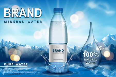 Pure sparkling water ad, plastic bottle with splash on snow with mountain background. Transparent Drinking water liquid Bottle design. 3d vector EPS 10のイラスト素材