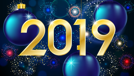 Merry christmas and happy new year 2019 greeting card. Winter banner with gold text, shiny bauble balls and firework. Vector illustration EPS 10のイラスト素材