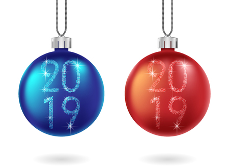 Set of shiny Christmas red and blue ball isolated. Sparkling glitter bauble with 2019 text. Christmas and New Year bauble for holiday decoration. Vector illustration EPS 10のイラスト素材