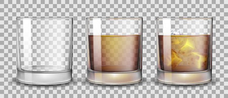 Set of whiskey, rum, bourbon or cognac glasses with Alcohol and without. Transparent Alcohol glasses Drink in a realistic style. Vector 3d illustrationのイラスト素材