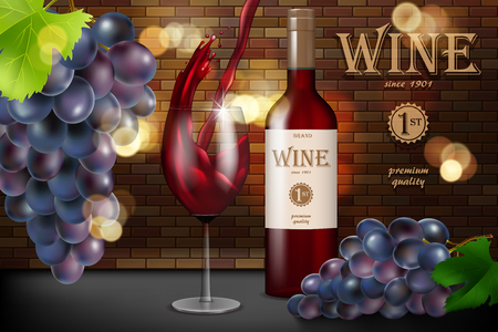 Red wine ad, glass bottle with grape on brick background, retro style design. Transparent wine glass with splash for restaurant menu. 3d vector illustration.のイラスト素材