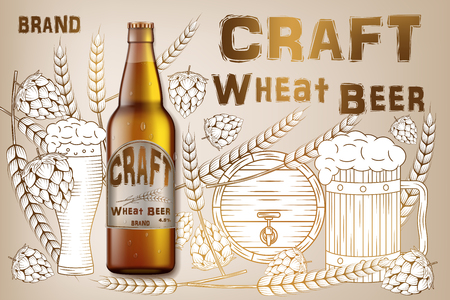 Craft wheat beer ads design. Realistic malt bottle beer isolated on retro background with ingredients wheats, hops and barrel. Vector 3d illustrationのイラスト素材