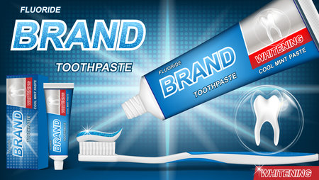 Mint toothpaste concept with sparkling effect on blue background. product package design for toothpaste poster or advertising. 3d Vector illustration.のイラスト素材