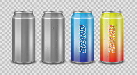 Aluminum can empty and with label. Realistic can with water drops for beer, juice or energy drink mockup isolated. Vector template for your design.のイラスト素材
