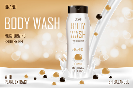Moisturizing pearl body wash gel with splashing cream. Realistic body wash ad for poster. Skin care packaging product design. 3d vector illustrationのイラスト素材