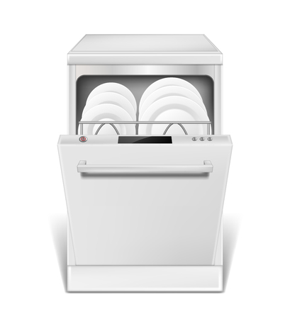 Realistic dishwasher machine with open door. White dishwasher with clean plates and glasses, front view isolated. household appliance mockup for washing dishes. 3d vector illustration EPS 10のイラスト素材