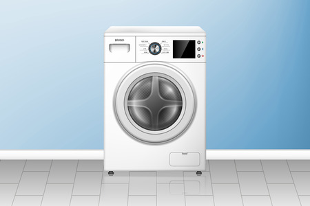 Realistic washing machine in empty laundry room. White washer front view. Modern home appliances. vector illustration EPS 10のイラスト素材