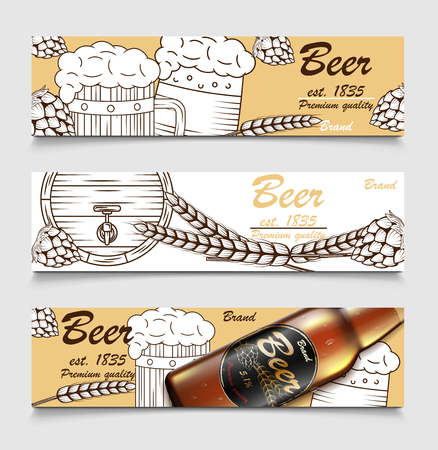 Set of cartoon banners with beer glasses, glass bottle and hops. Beer brewery vintage banner design. Sketch poster of alcohol beverage. Vector illustrationのイラスト素材