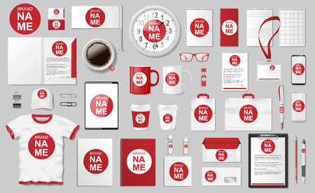 Corporate Branding identity template design. Modern Stationery mockup for shop with modern blue structure. Business modern red style stationery and documentation. Vector illustrationのイラスト素材