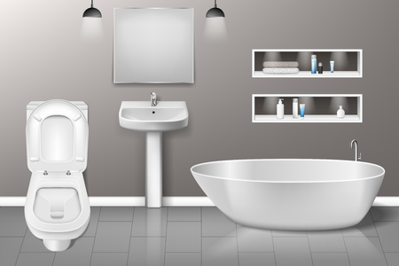 Bathroom furniture interior with modern bathroom sink, mirror, toilet on grey wall. Realistic bathroom interior design. vector illustrationのイラスト素材