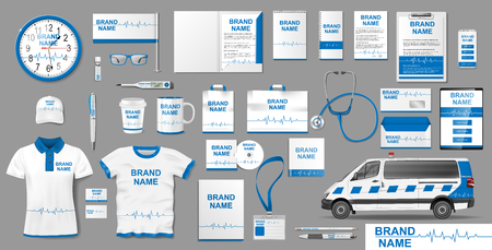 Corporate medical clinic Branding identity template design. Pharmacy Dental Clinic mockup elements for presentation. Business style medical template for your brand. Vector illustrationのイラスト素材