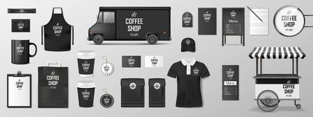 Mockup set for coffee shop, cafe or restaurant. Coffee corporate identity design. Realistic set of cardboard, paper pack, Food delivery truck, cup, pack, uniform, shirt, street menuのイラスト素材