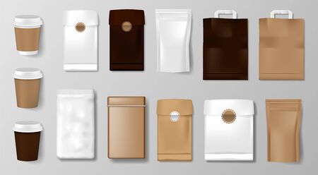 Set of Coffee Cup packaging. Mockup for Coffee shop, Cafe, restaurant. Realistic food package. Hot drink cups and box Isolated vector illustrationのイラスト素材