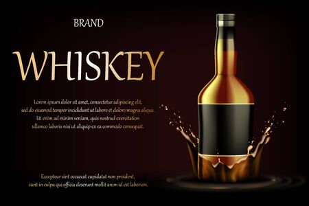 Whiskey Drink ads. Realistic glass whisky strong alcohol drink bottle on dark background with liquid splash and drops, advertising for banner design. Vector 3d illustrationのイラスト素材