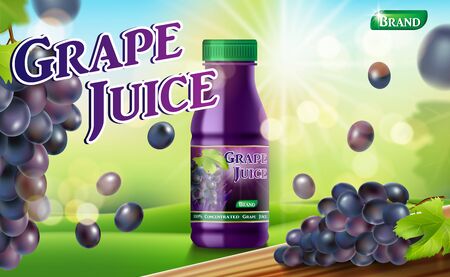 Grape juice bottle with sunny background on green grass. fruit juice container package ad. 3d realistic grape Vector illustration for your designのイラスト素材