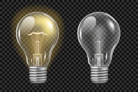 Realistic light bulb on transparent. Glowing and turned off electric filament lamps. Template creativity idea business innovation. Vector illustration.のイラスト素材