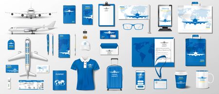 Corporate Realistic template airplane elements for travel agency design. Business style stationery mockup for travel and vacation. Airline plane mockup Vector EPS 10のイラスト素材
