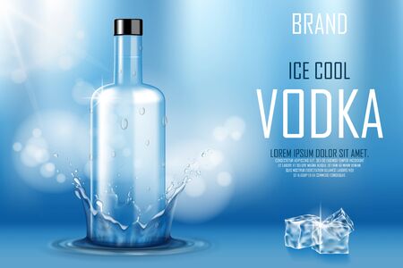 Vodka bottle with ice cubes ad. Strong alcohol drink mock up on shiny blue background and water splash and drops. Vodka advertising banner. Realistic 3d vector illustration EPS 10のイラスト素材