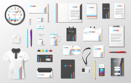 Corporate identity template mockup. Realistic Business Stationery mockup for shop. Brand Fresh color abstract geometric design on uniform, pack. Vector EPS 10のイラスト素材