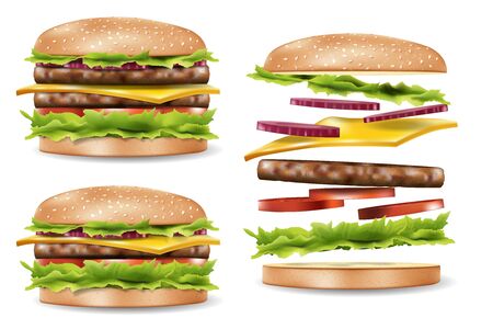 Burger ads for your design, delicious hamburger mockup side view. Jumping Realistic Burger with refreshing ingredients. 3d Vector illustrationのイラスト素材
