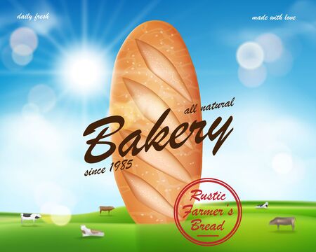 Realistic Bakery ads banner, delicious french baguette bread on countryside with cows. Bakery shop promo banner. Vector illustrationのイラスト素材