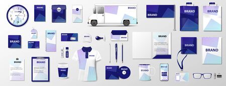 Realistic Business Stationery Documentation mockup with abstract geometric purple design for your brand. Corporate identity, company style template. Vectorのイラスト素材