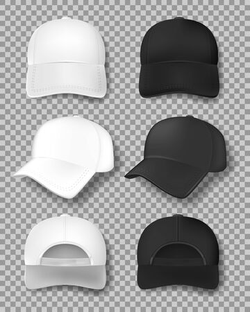 Realistic Baseball cap mockup isolated on transparent background. White and black textile cap front, back and side view. Uniform hat template. Vector illustrationのイラスト素材