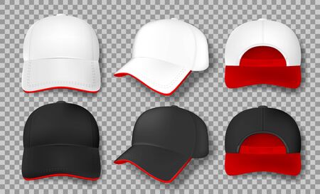 Realistic Baseball cap mockup isolated. white and black textile cap with red visor, front, back and side view. design element template. Vector illustrationのイラスト素材