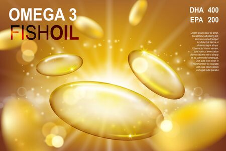 Realistic flyeing Fish oil capsules ads template, omega-3 or vitamin E softgel capsule on golden background. Vector 3D illustration.のイラスト素材