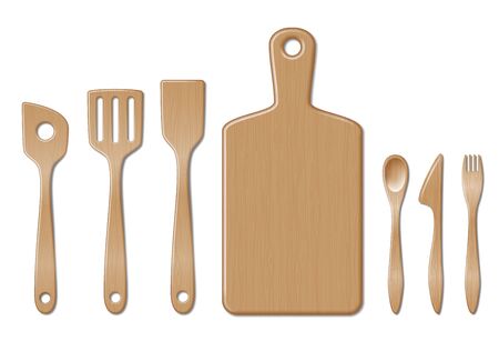 Bamboo kitchen utensils set isolated on white. Kitchenware set with spoon, fork dinner knife and flat plate, platter. Wooden kitchenware utensils. Kitchenware utensilsのイラスト素材