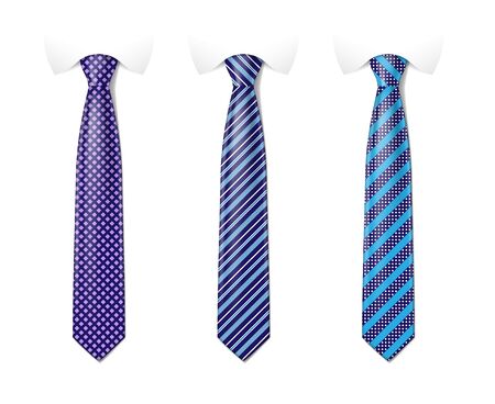 Man colored tie set. Tie mockup with different fashion pattern. Striped silk neckties templates with textures set. Vector illustration EPS 10のイラスト素材