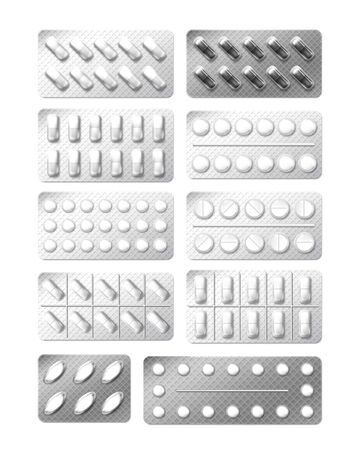 Medicine painkiller pills packaging. Realistic 3d drugs in blister isolated on white. Vitamin capsule drug blister pack. Medical care pharmaceutical illustrationのイラスト素材