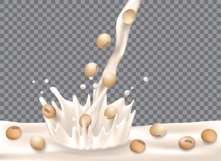 Soy milk with splash isolated on transparent background. Soy beans with milk pouring down for package design. 3d Vector illustrationのイラスト素材