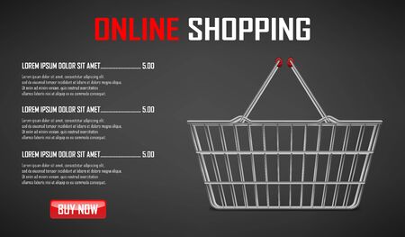 Online shopping banner. Realistic metallic shopping basket for supermarket products. Shop market cart trolley. vector illustration.のイラスト素材