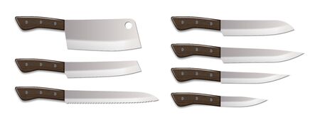 Cutlery realistic set, kitchen knives isolated on white. Chef knife and cutter mockup. vector illustrationのイラスト素材