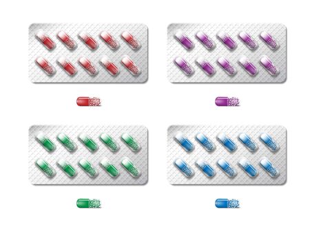 Medicine painkiller pills packaging. Realistic 3d colored drugs in blister isolated. Vitamin capsule drug blister pack. Medical care pharmaceutical illustrationのイラスト素材