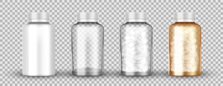 Realistic transparent medical orange pills bottle isolated. Empty, full of capsule pills plastic and glass jar. Pharmaceutical bottle product packaging mockup.のイラスト素材