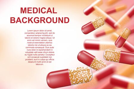 Abstract Medical banner ads. Realistic painkillers pills, antibiotics, vitamins, medical supplies and capsules. Vector illustrationのイラスト素材