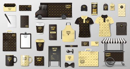 Branding set for coffee shop, cafe. Realistic coffee corporate identity template design. Food truck, uniform, envelope, cup, paper pack, menu mockup. Vector illustrationのイラスト素材
