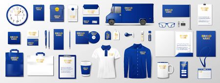 Corporate Branding identity template design. Blue Stationery mockup  golden logo. Business style stationery and documentation for your brand. Vector illustrationのイラスト素材