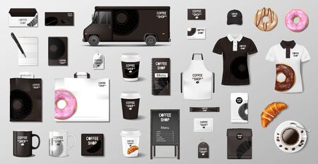 Realistic mockup for Bakery shop, Restaurant, Cafe. Corporate style Bakery food package mockup. Set of cup, pack, uniform, shirt, donut, croissant, paper bag