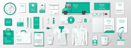 Corporate Brand Identity Mockup. Green color template design for organic shop. Realistic stationary, brochure, shirt, delivery van, mug blank mockup isolated. Vectorのイラスト素材