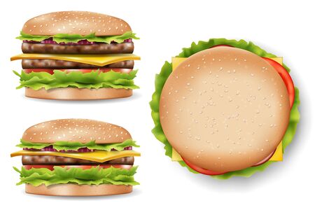 Attractive Burger for your design, delicious cheeseburger mockup side and top view. Realistic Burger with refreshing ingredients. 3d Vector illustrationのイラスト素材