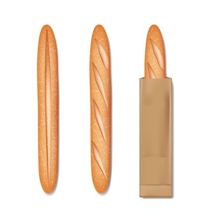 French baguette bread in a paper bag. Set of tasty baked goods for breakfast. Realistic baguette bread and loaf isolated. vector illustrationのイラスト素材