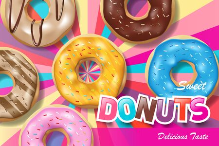 Set of Colorful glazed donuts for ads. Sweet glossy bakery donuts with pink and chocolate glaze poster. Realistic vector illustration.のイラスト素材