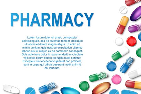 Medical banner with pills and capsule background. Pharmacy Poster with painkiller capsules, vitamins and medical drug. Vector illustrationのイラスト素材