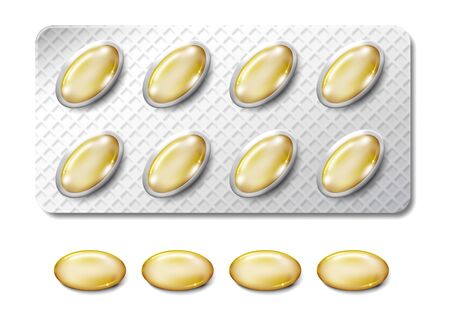 Transparent yellow capsule of drug in blister packaging. Realistic vitamin or fish oil vector illustration. capsule translucent pharmaceutical vector illustrationのイラスト素材
